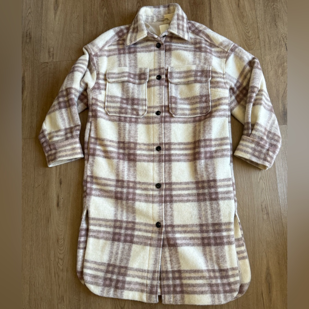 H&M Long Shirt Jacket Shacket Coat Beige Dusty Rose Plaid Women’s Size Medium